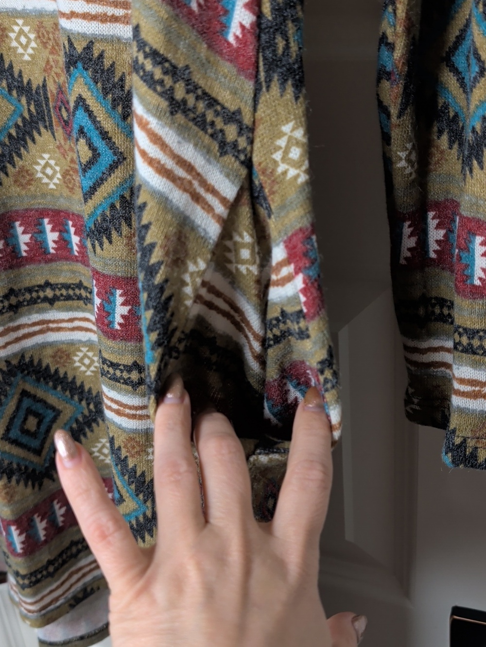 Aztec-Pattern Long Sleeve Tunic Dress - Teal & Tan - Picture 5 of 7